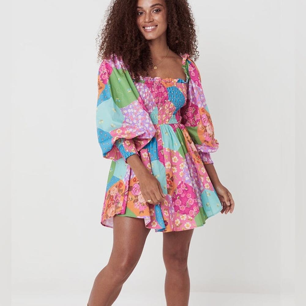 Spell Freda Lolly Floral Smocked Puff Sleeve Mini Dress Organic Cotton Sz 12